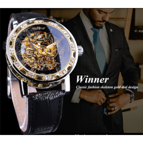 Top Brand Winner Fashion Golden Retro Watch Mens Mechanical Skeleton Diamond Display Luxury Wrist Watch Clock Relogio Masculin